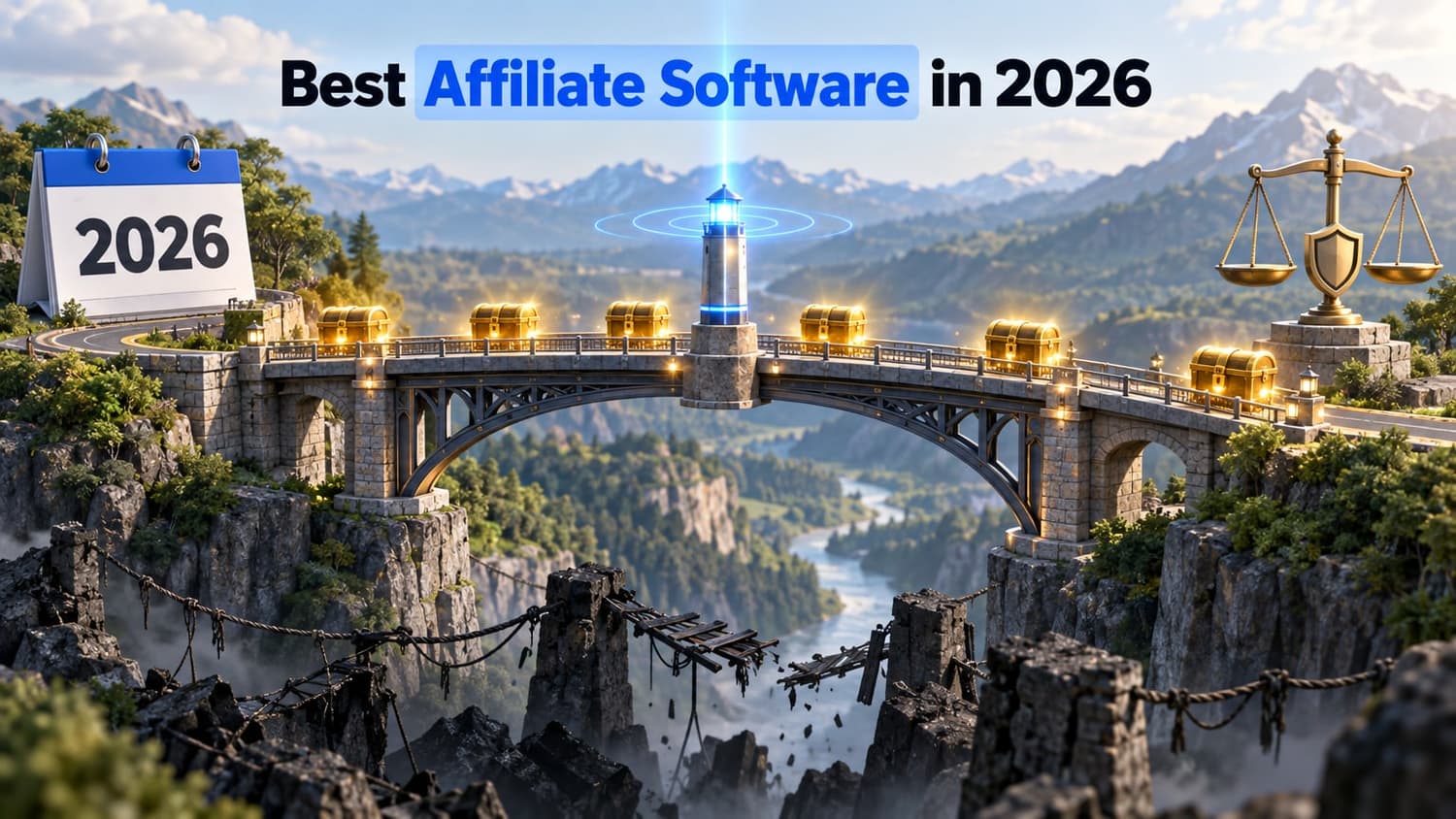 Best affiliate software in 2026: a stone bridge carries golden chests across a valley, beside a 2026 calendar and a set of scales.