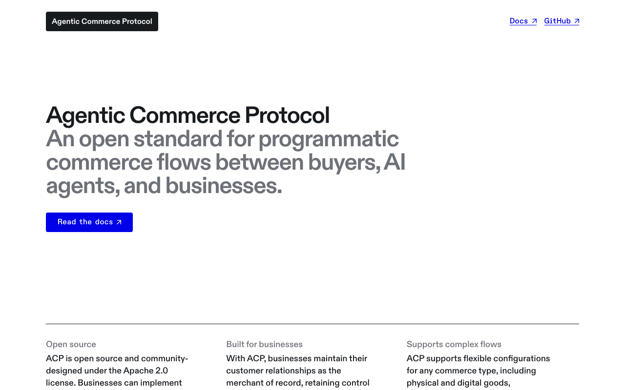 Agentic Commerce Protocol homepage. An open standard for programmatic commerce between buyers, AI agents, and businesses.
