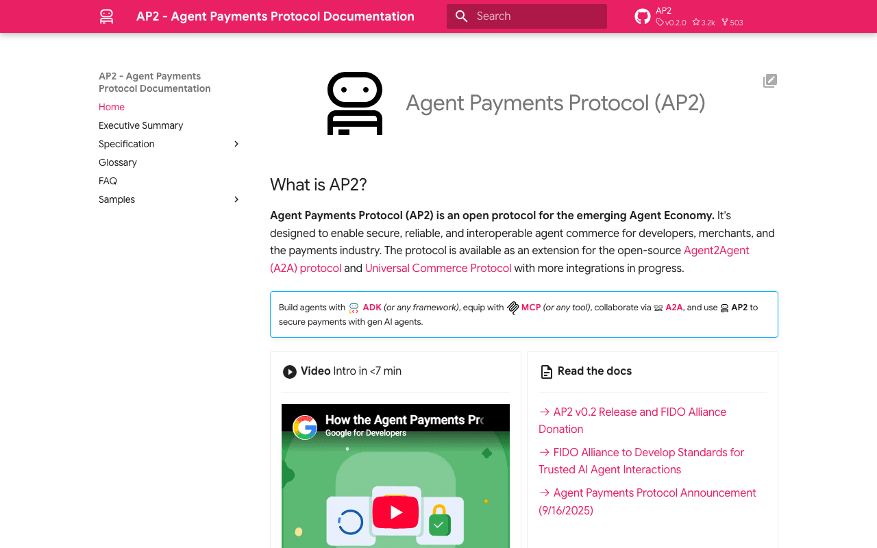 Agent Payments Protocol documentation. The page explains AP2 as an open protocol for agent payments.