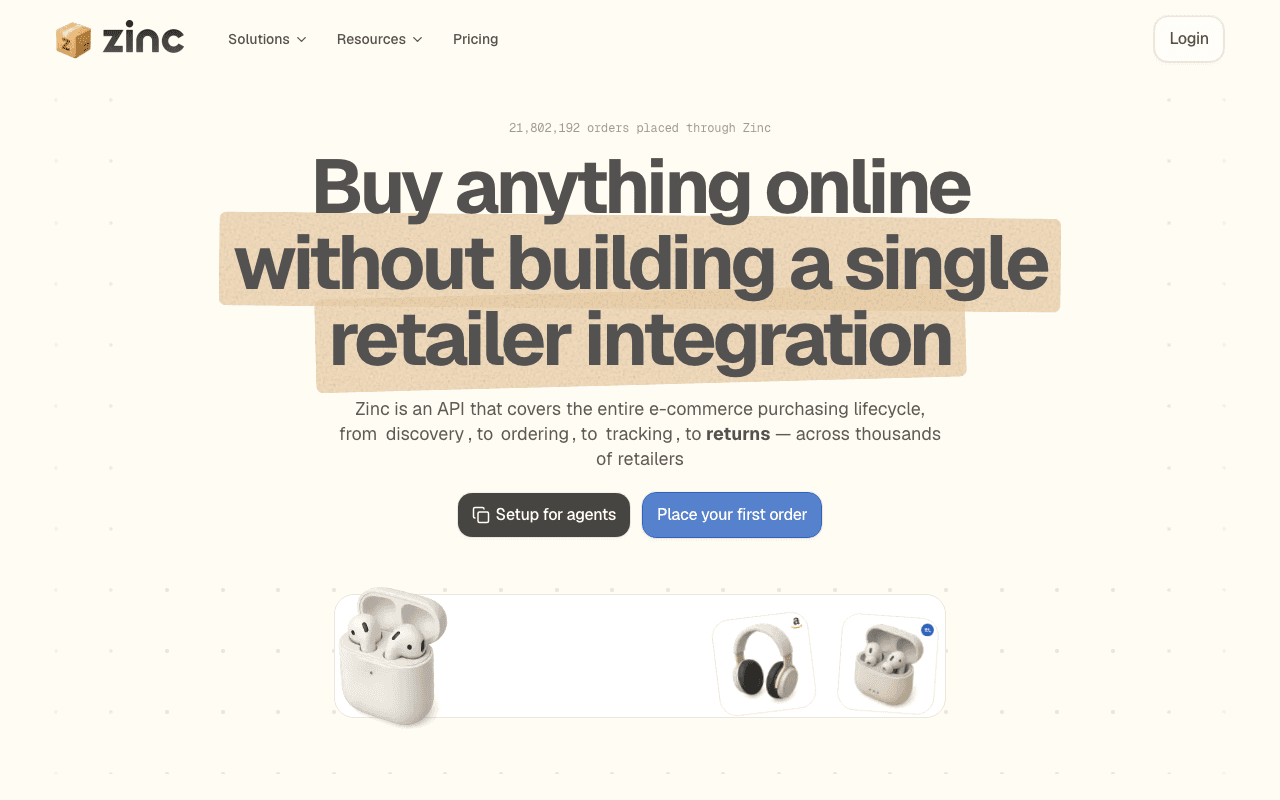 Zinc homepage. Headline: Buy anything online without building a single retailer integration.