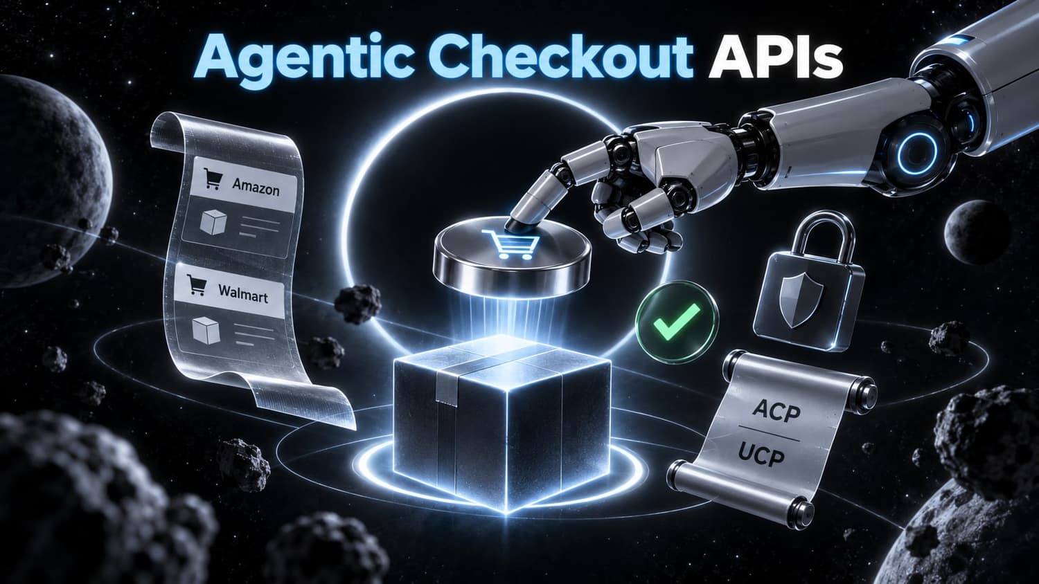 Agentic Checkout APIs: a robotic arm presses a checkout button on a shipping box surrounded by receipts, a padlock, and protocol scrolls.