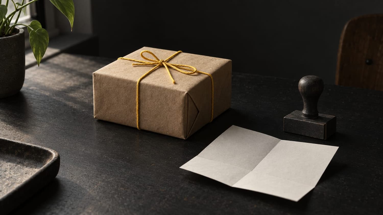 Kraft parcel tied with yellow string on a dark desk, beside a blank stamp and a folded packing slip