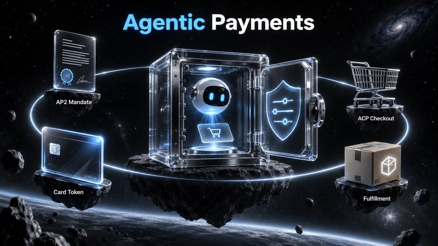 Agentic Payments: A digital vault with an assistant orb executing a transaction surrounded by floating symbols for authorization, card tokens, checkout, and fulfillment.