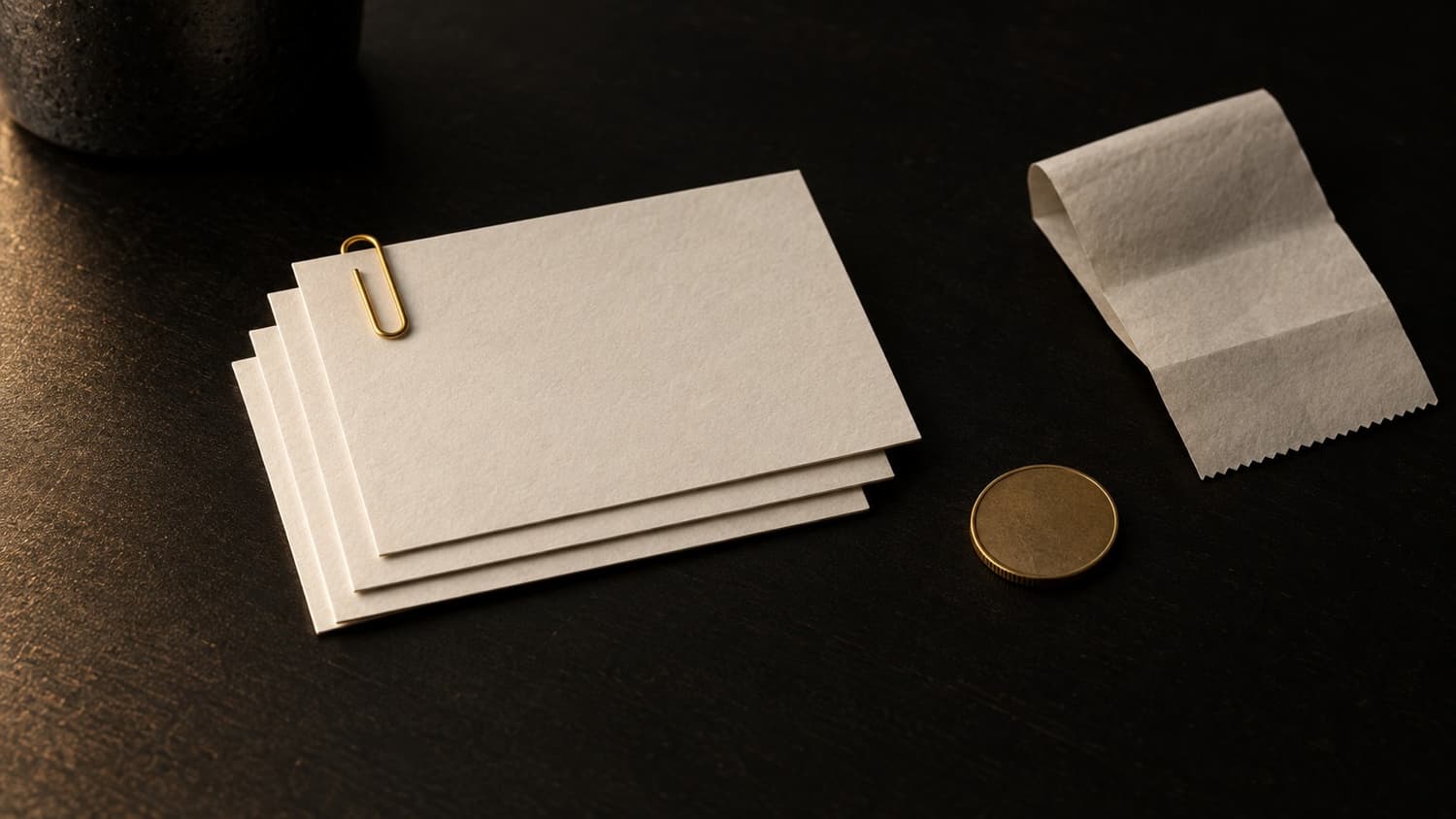 Four blank cards held by a yellow paperclip, beside a coin and a blank receipt on a dark desk