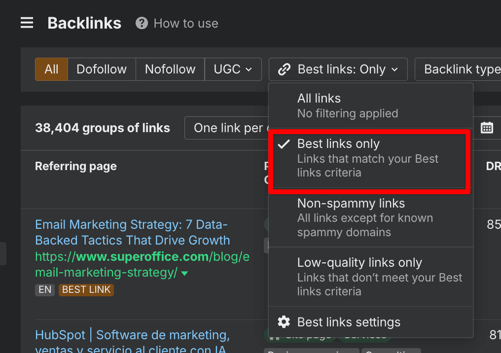 Ahrefs Best links only filter highlighted in a backlinks report