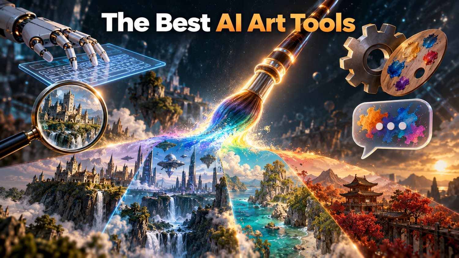 The Best AI Art Tools: A giant digital paintbrush floating above an artist's palette, surrounded by a robotic hand, a magnifying glass, a gear, and a speech bubble.