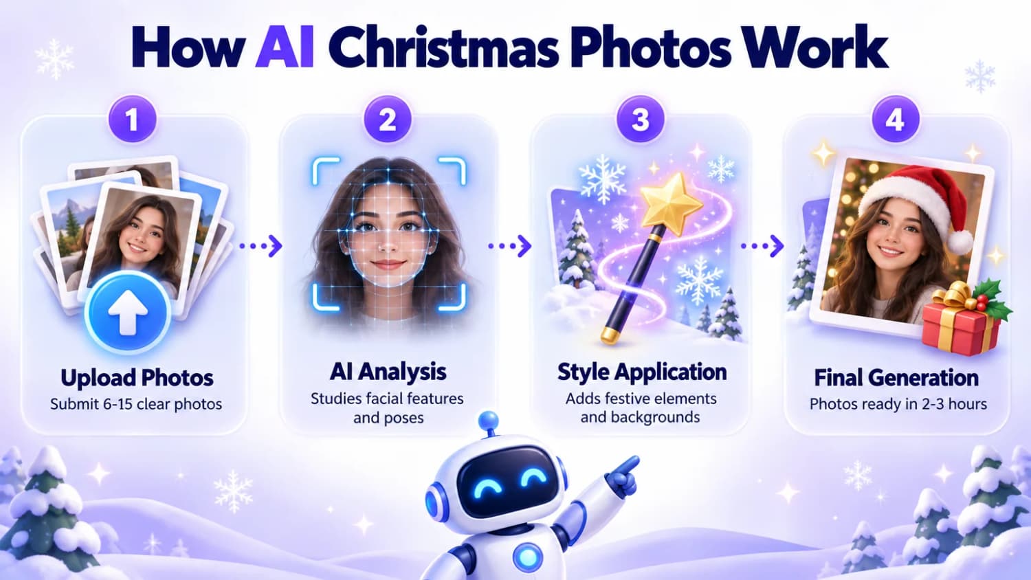 How AI Christmas Photos Work: upload 6-15 clear photos, AI analysis of faces and poses, festive style application and final photos in 2-3 hours