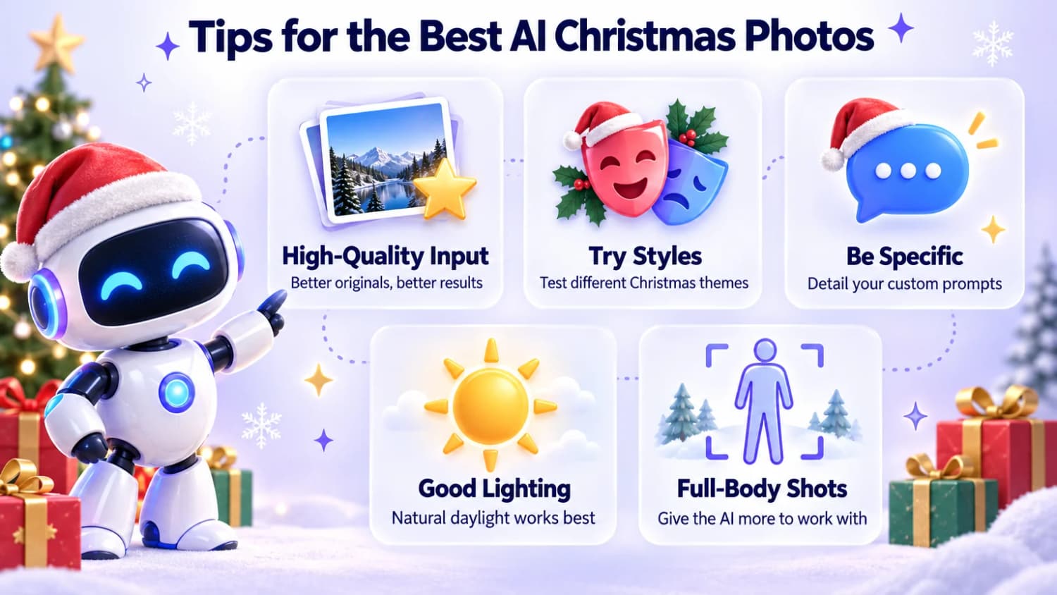 Tips for the Best AI Christmas Photos: high-quality input, try styles, be specific in prompts, use natural daylight and include full-body shots