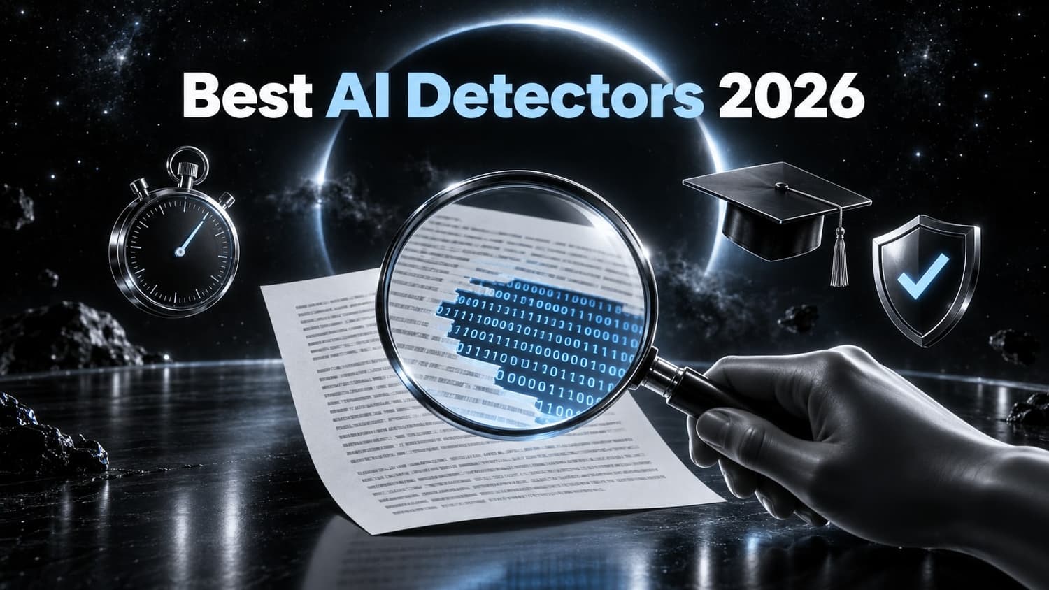 Best AI detectors 2026: a magnifying glass over a printed page reveals binary code, beside a stopwatch, a graduation cap and a shield.