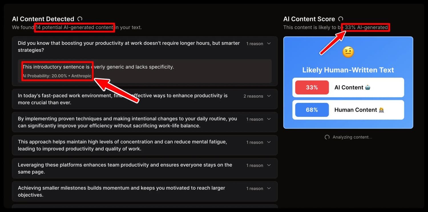 AI content detector dashboard showing AI confidence scores and detailed explanations for flagged text sections