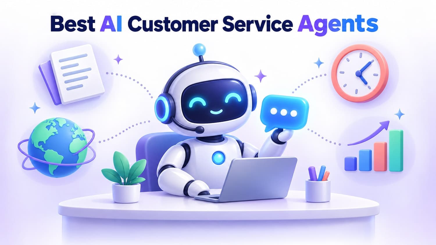 Best AI Customer Service Agents: A robotic assistant sitting at a desk surrounded by a document, a clock, a globe, and a bar chart.