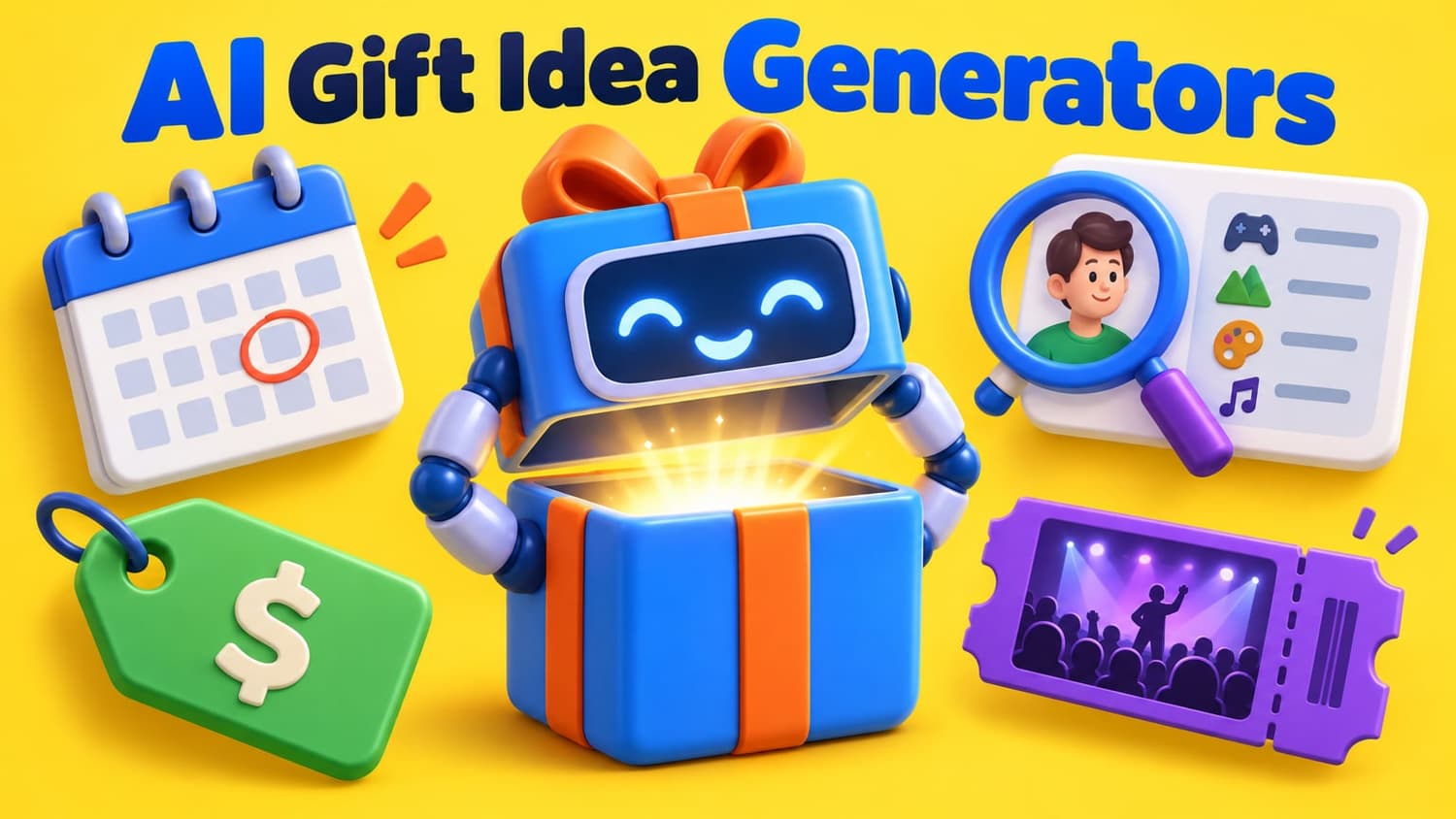 AI Gift Idea Generators: A friendly robot-shaped gift box unwrapping itself to reveal personalized gifts like a calendar, experience ticket, and budget tag.