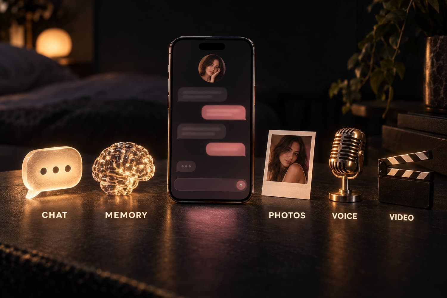 What an AI girlfriend app does: chat, memory, photos, voice, and video, arranged around a phone showing a companion chat