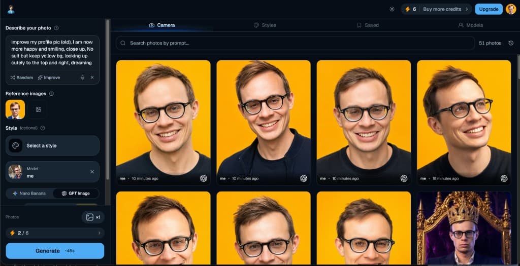 Headshot Generator AI studio showing Ilias Ism profile photo generations