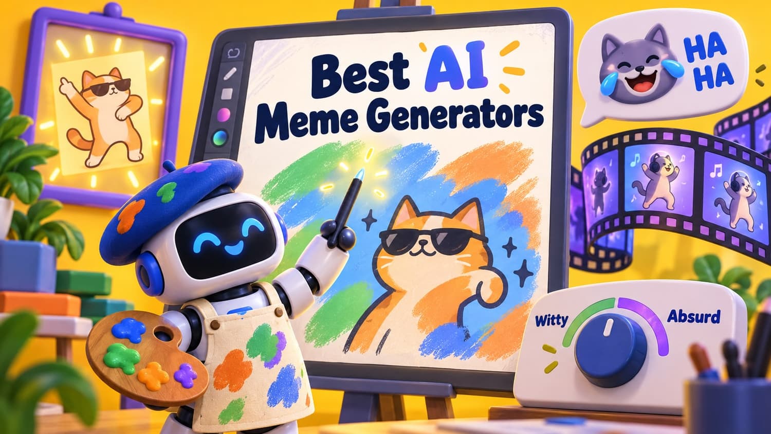Best AI Meme Generators: A smiling robot artist with a stylus next to a canvas displaying meme elements, a speech bubble, and video film strips.
