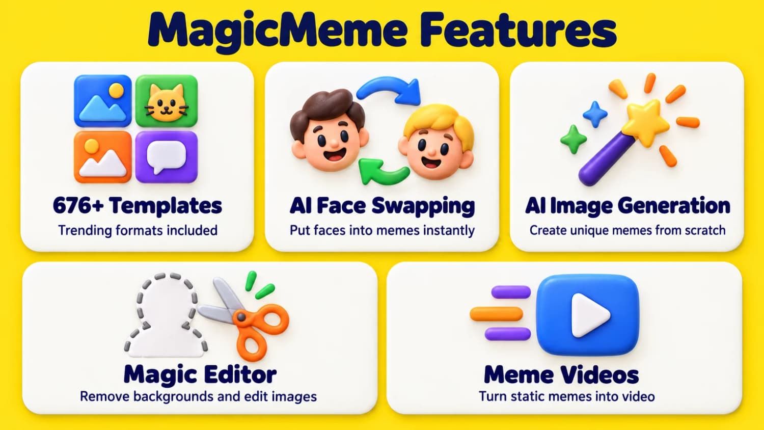 MagicMeme Features: 676+ Templates, AI Face Swapping, AI Image Generation, Magic Editor, and Meme Videos.