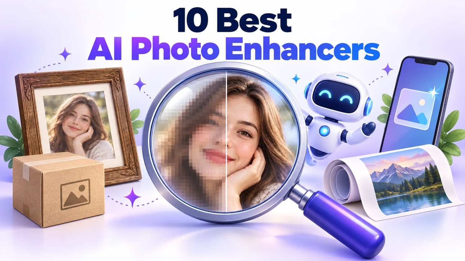 10 Best AI Photo Enhancers: A magnifying glass reveals a sharp, enhanced photo alongside a vintage frame, a package, a poster, and a smartphone.