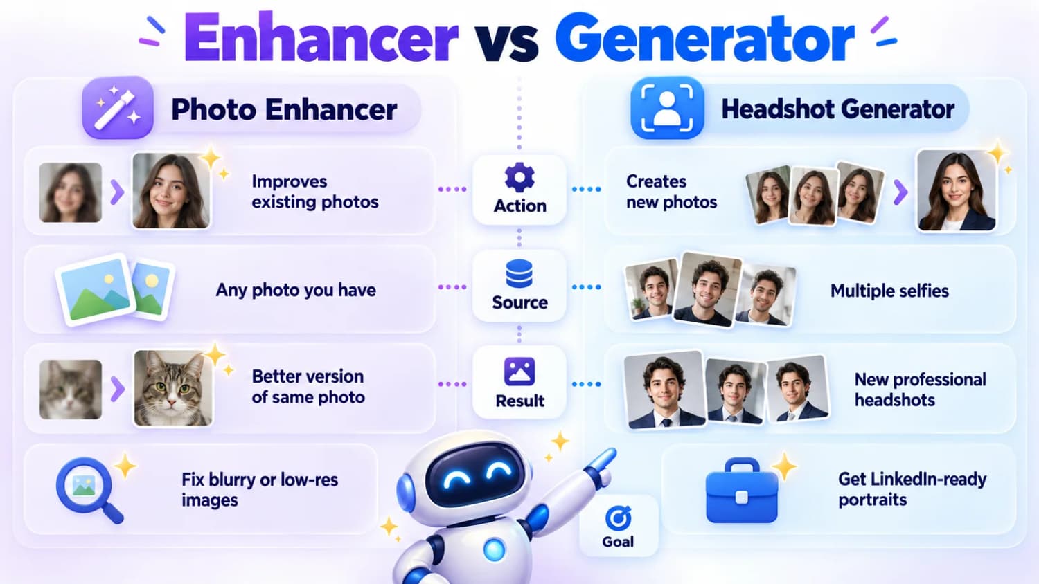 Enhancer vs Generator comparison: Photo Enhancer improves existing photos, while Headshot Generator creates new professional headshots from selfies.