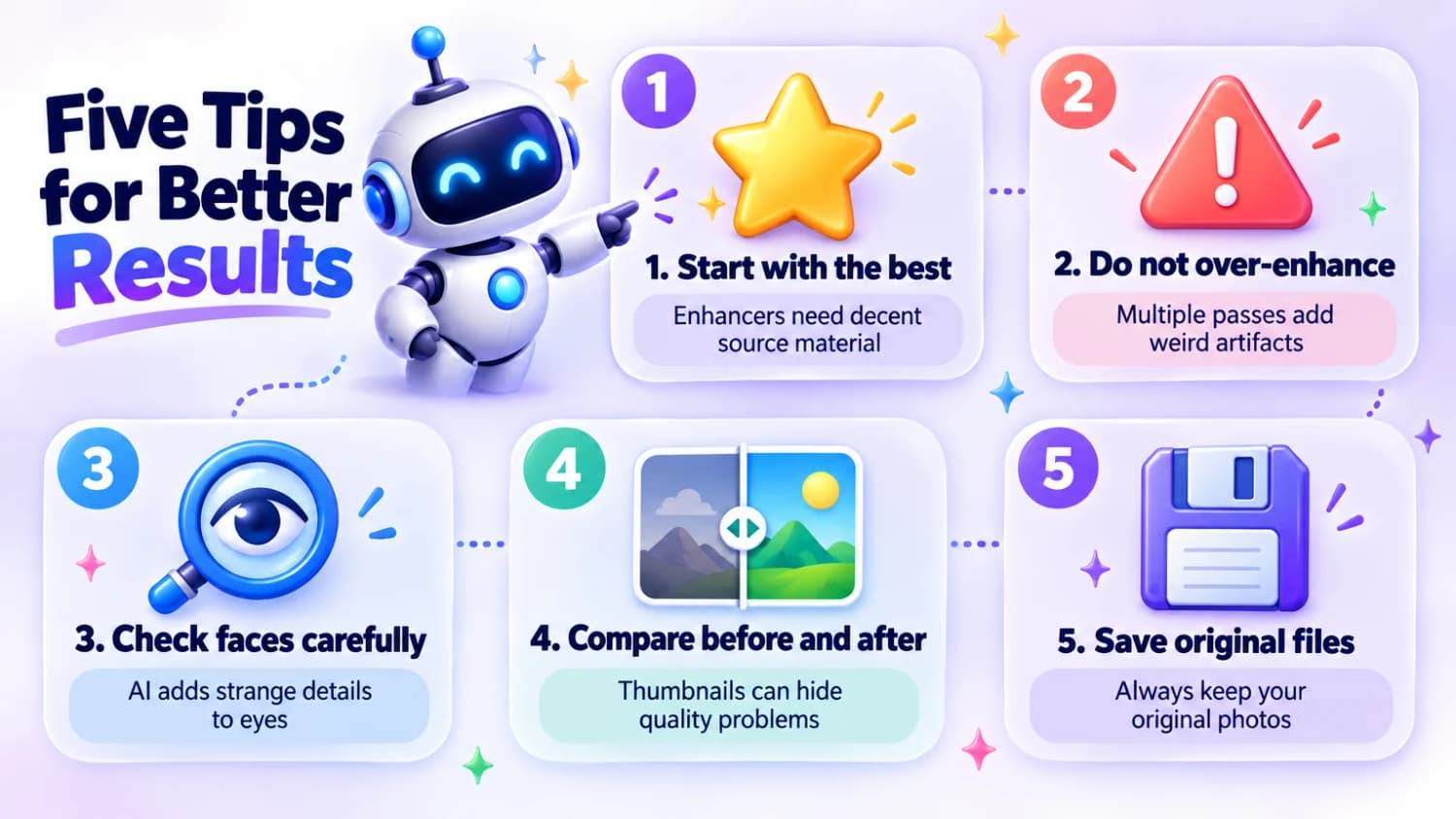 Five tips for better results: start with the best photo, do not over-enhance, check faces carefully, compare before and after, and save original files.
