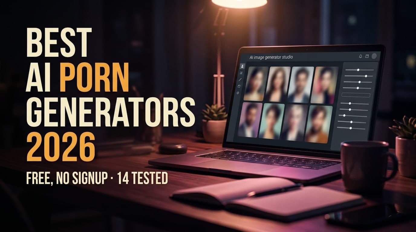 Best AI porn generators of 2026, free and no signup options, 14 tested, shown as an image generator studio on a laptop
