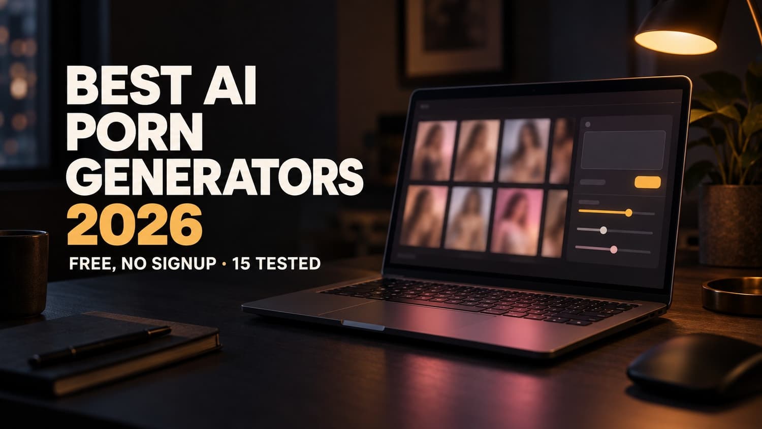 Best AI porn generators of 2026, free and no signup options, 15 tested, shown as an image generator studio on a laptop