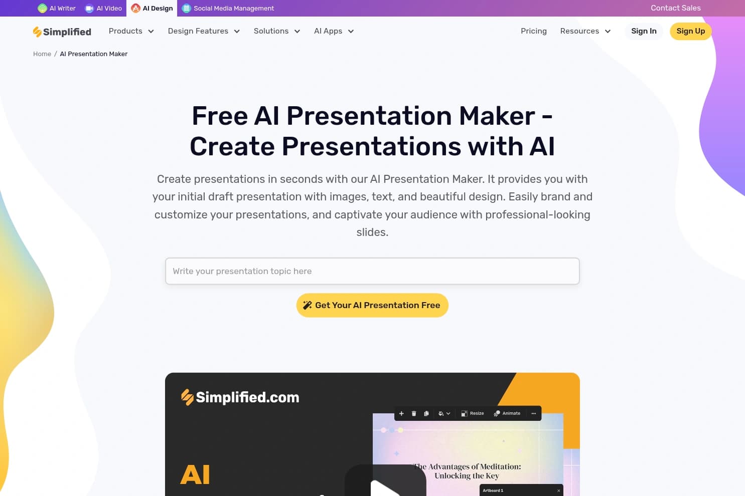 Simplified AI presentation maker inside an all-in-one marketing content suite