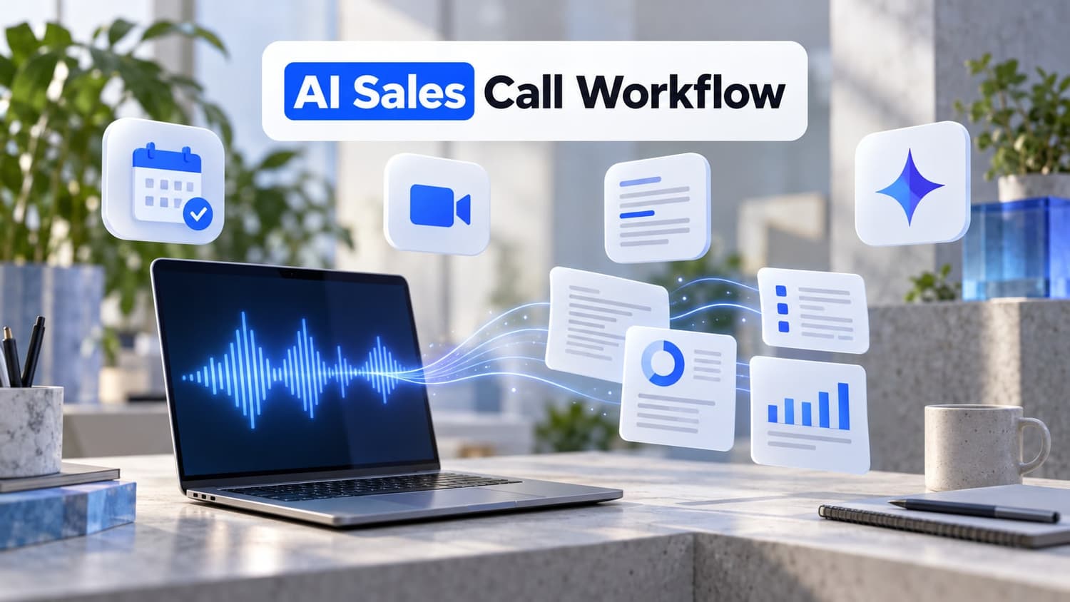 AI Sales Call Workflow: A sleek desk with an open laptop transforming audio waves into neat documents, surrounded by calendar and video icons.