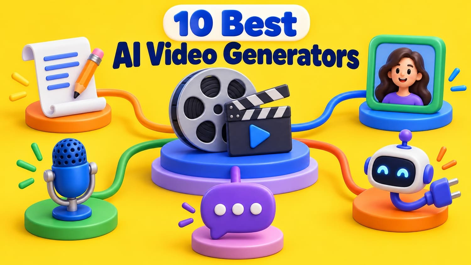 10 Best AI Video Generators: a central film reel and clapperboard console connected to a script page, studio microphone, speech bubble, avatar frame, and robot plug.
