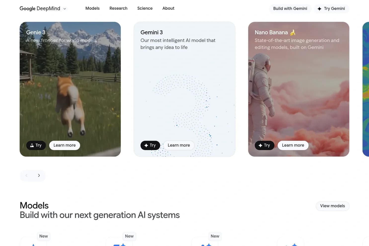 Google DeepMind models page showing Genie 3, Gemini 3, and Nano Banana model cards with Try and Learn more buttons.