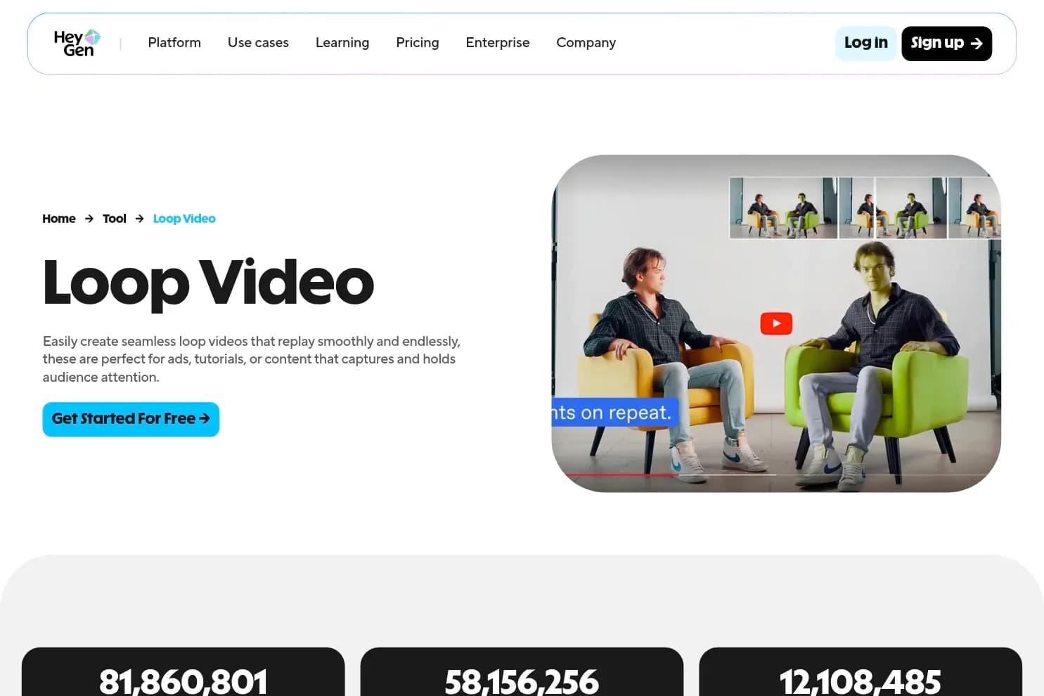 HeyGen tool page showing a presenter video preview, a filmstrip timeline of four frames, and a Get Started For Free button.