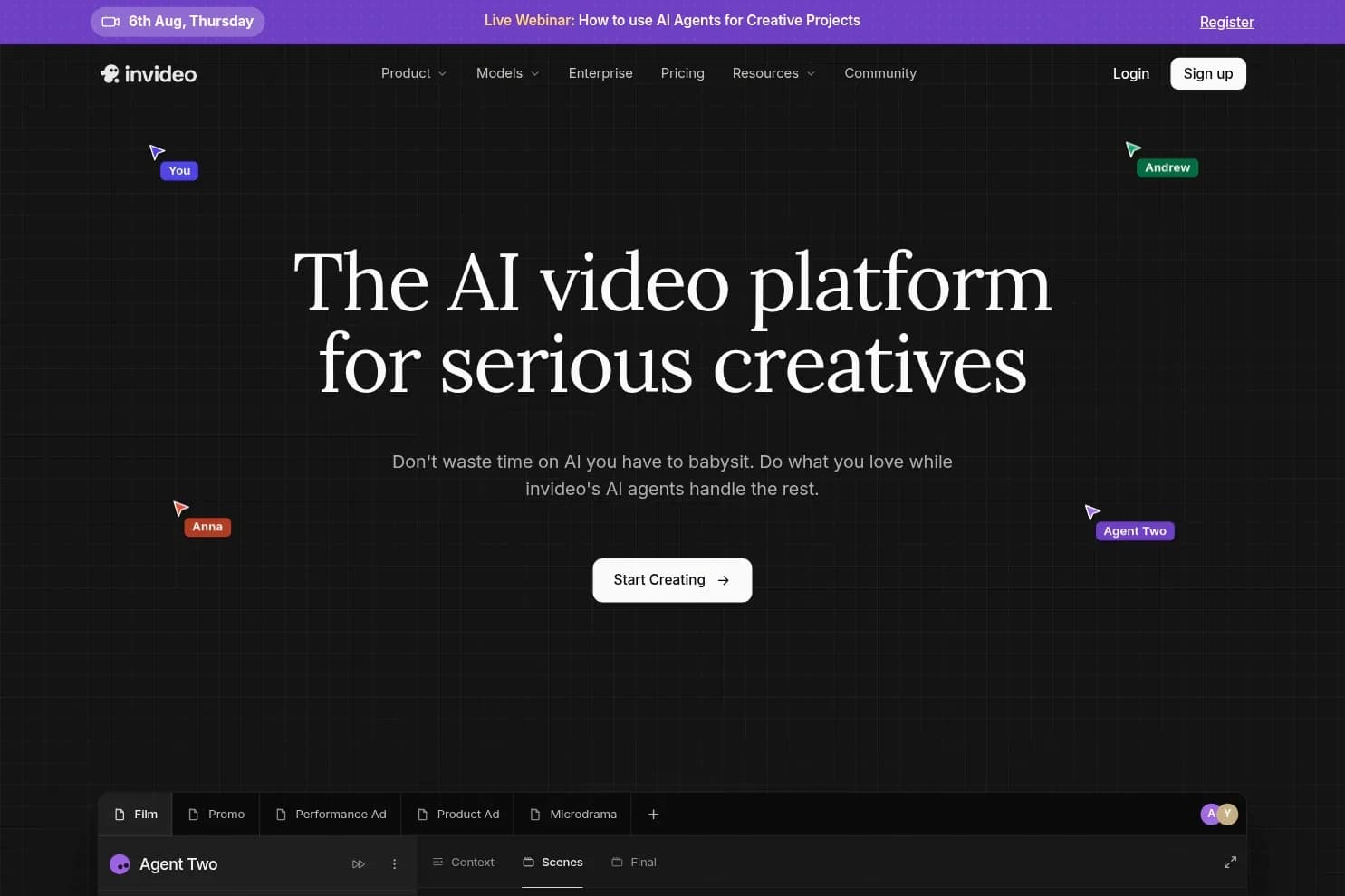 InVideo AI homepage showing multiplayer cursors including Agent Two and bottom workflow tabs for Film, Promo, Performance Ad, and Product Ad.