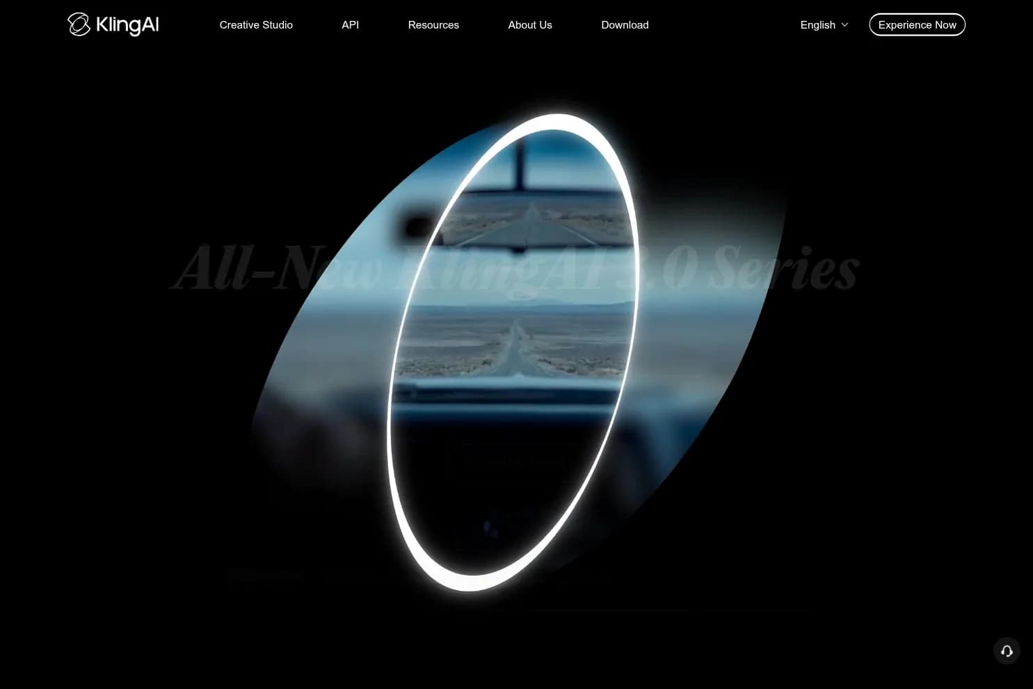 Kling AI homepage showing a glowing white ring framing a desert road video preview and an Experience Now button.