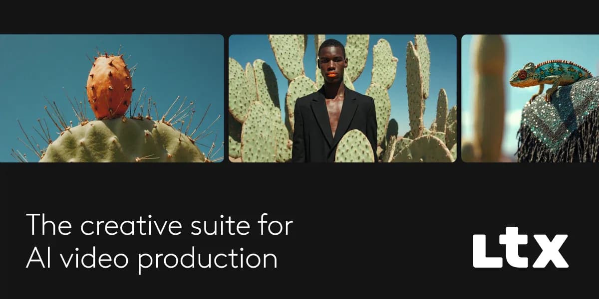 LTX Studio banner displaying three consistent desert film stills side by side with the caption The creative suite for AI video production.