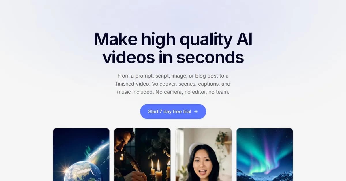 MakeAIVideo homepage showing prompt-to-video, script-to-video, talking avatar, and image-to-video workflows with a 7-day free trial button.