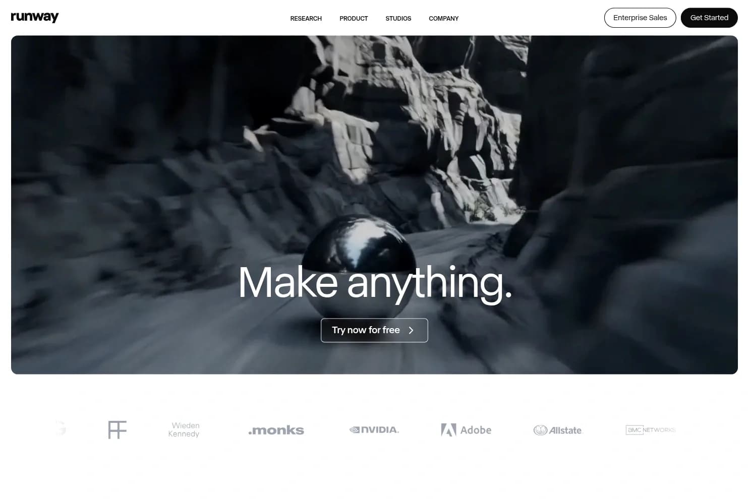 Runway homepage showing a cinematic black-and-white sphere rolling through a canyon with navigation for Research, Product, Studios, and Company.