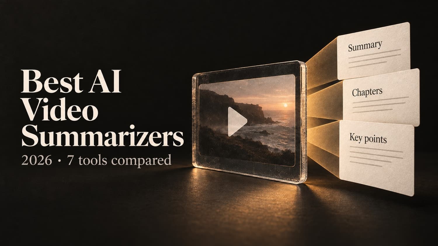 Best AI Video Summarizers 2026, 7 tools compared: a video frame fanning out into cards labelled Summary, Chapters and Key points