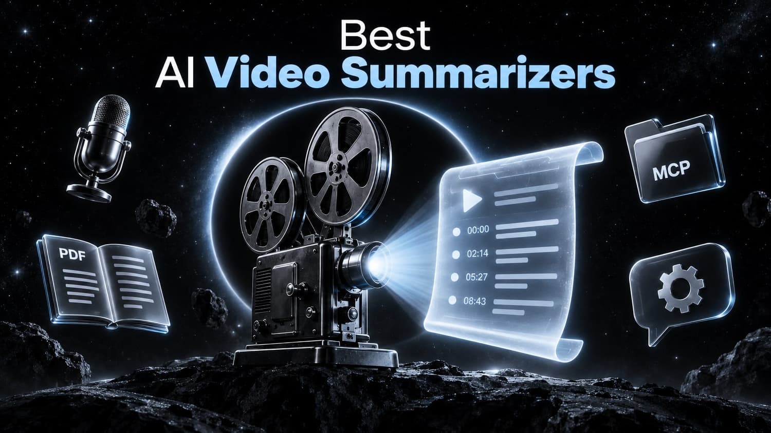 Best AI video summarizers: a film projector turns a reel into a timestamped summary, beside a microphone, a PDF and an MCP folder.