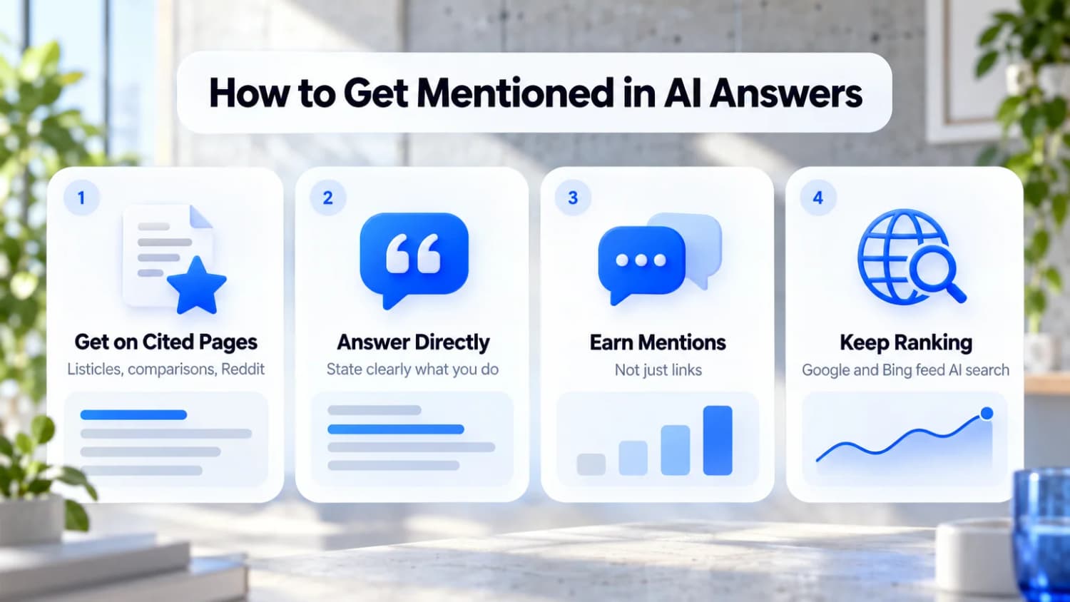 How to Get Mentioned in AI Answers: get on cited pages, answer the question directly, earn mentions and keep ranking in Google and Bing