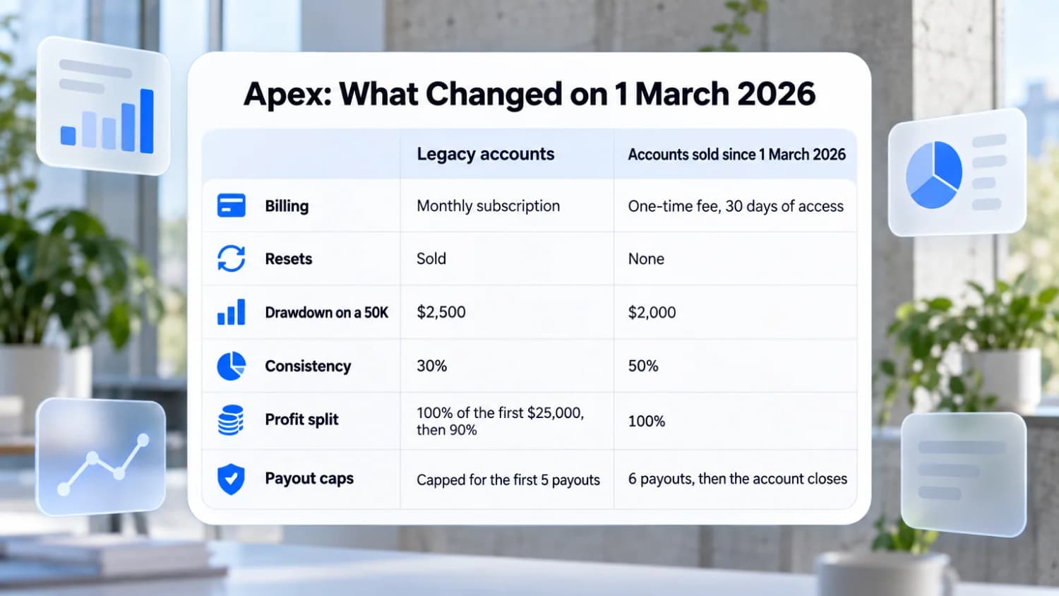 Apex rule changes on 1 March 2026: one-time fee instead of a subscription, no resets, a $2,000 drawdown on a 50K, 50% consistency, 100% split, and six payouts per account.