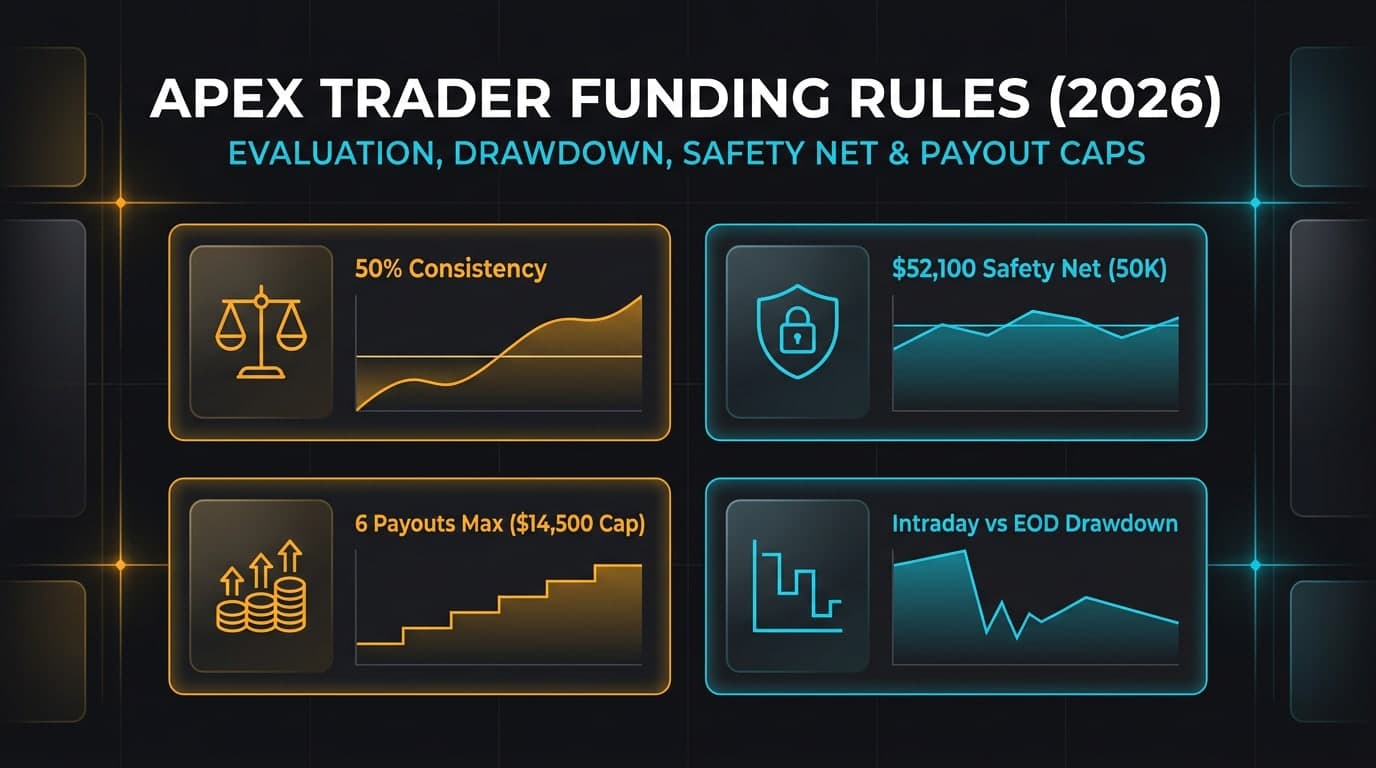 Apex Trader Funding 2026 rules: 50% consistency, $52,100 safety net on a 50K account, six payouts capped at $14,500, and Intraday vs EOD drawdown.