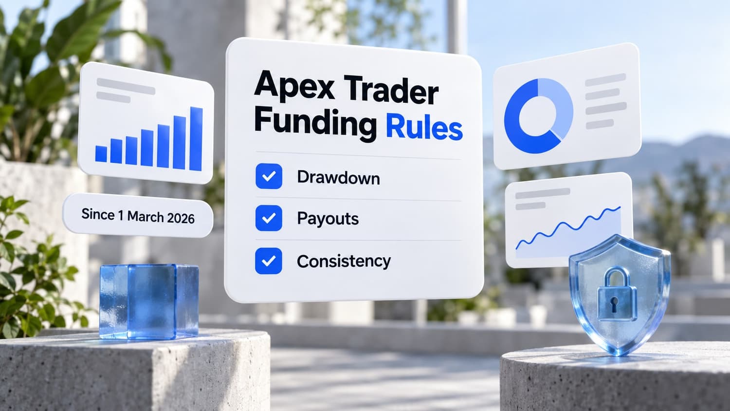 Apex Trader Funding rules: a checklist card covering drawdown, payouts and consistency for accounts sold since 1 March 2026.