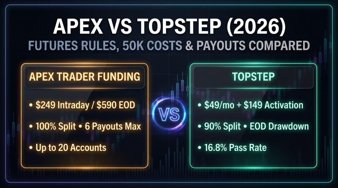 Apex vs Topstep 2026 comparison card showing Apex Trader Funding at $249 Intraday or $590 EOD with 100% split vs Topstep at $49/mo plus $149 activation