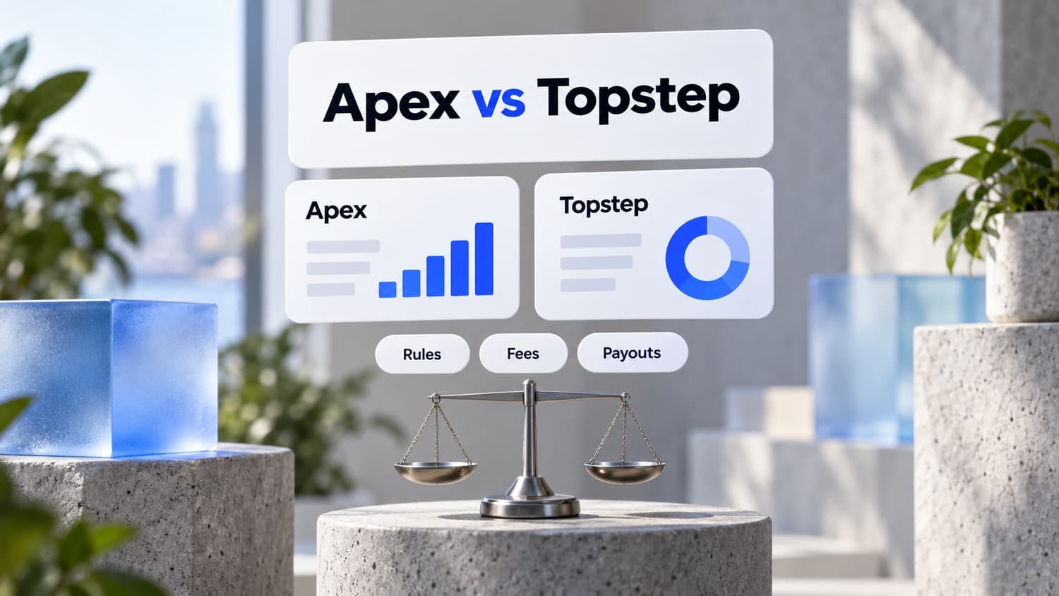 Apex vs Topstep: two cards side by side over a balance scale, with chips for rules, fees and payouts.