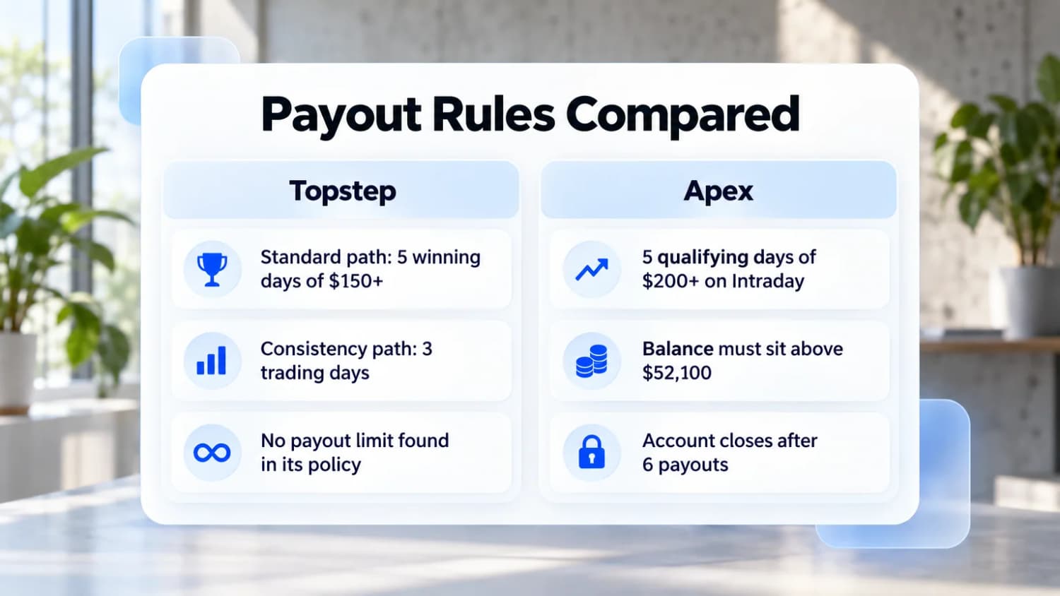 Payout rules compared: Topstep needs 5 winning days of $150+ or 3 on the Consistency path; Apex needs 5 days of $200+, a $52,100 balance, and closes after 6 payouts.