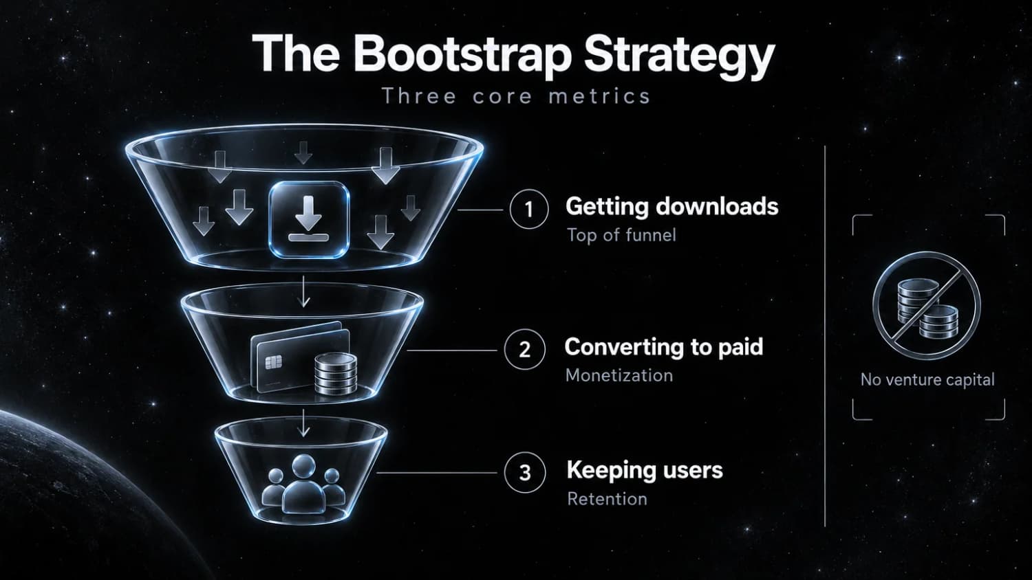 App Mafia's bootstrap strategy as a funnel of three core metrics: getting downloads, converting to paid, and keeping users.