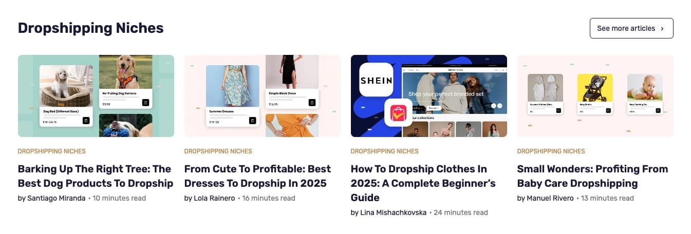 AutoDS blog niches section featuring specific dropshipping categories like dog products, dresses, SHEIN clothes, and baby care with detailed guides
