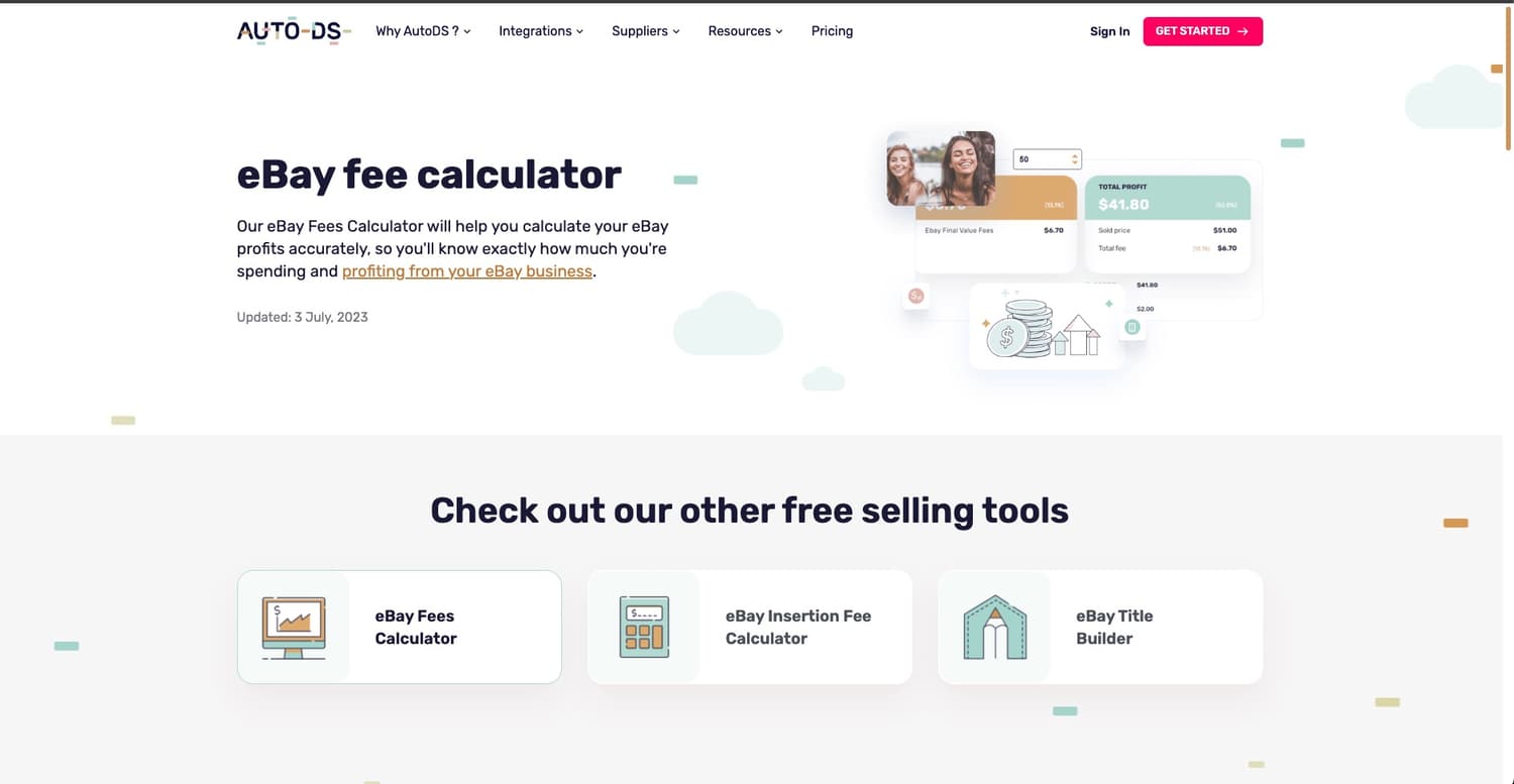 AutoDS eBay fee calculator tool page with profit calculation interface showing total profit of $41.60 and business growth messaging