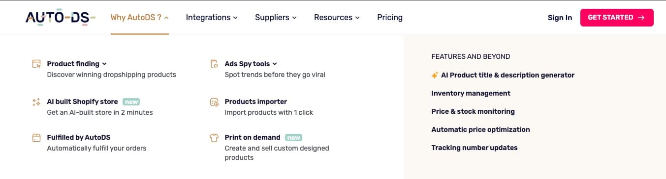 AutoDS navigation dropdown showing organized features including Product finding, AI built Shopify store, Fulfilled by AutoDS, and Print on demand