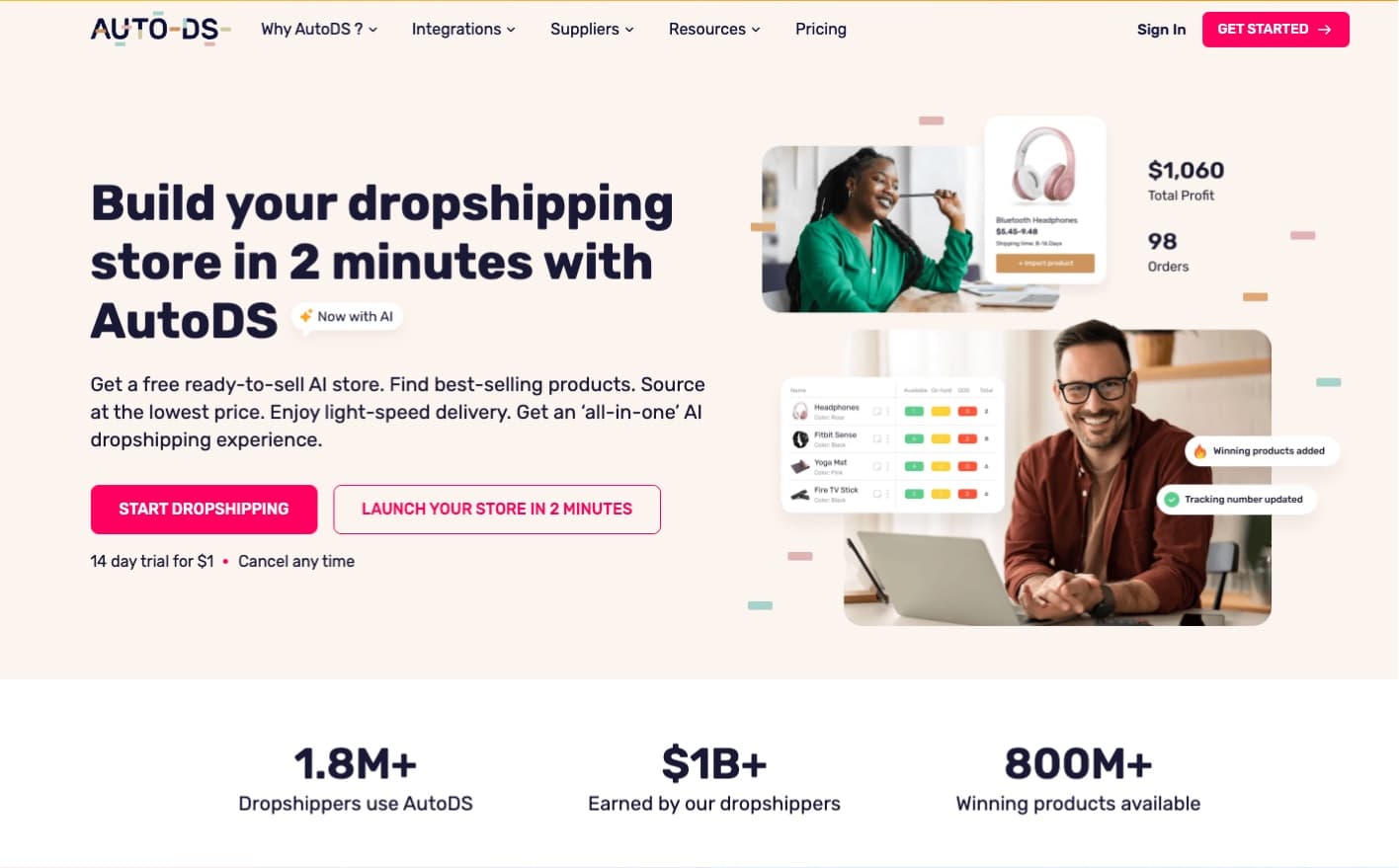 AutoDS homepage hero section with 2-minute store builder headline, $1 trial CTA, and social proof numbers showing 1.8M+ users