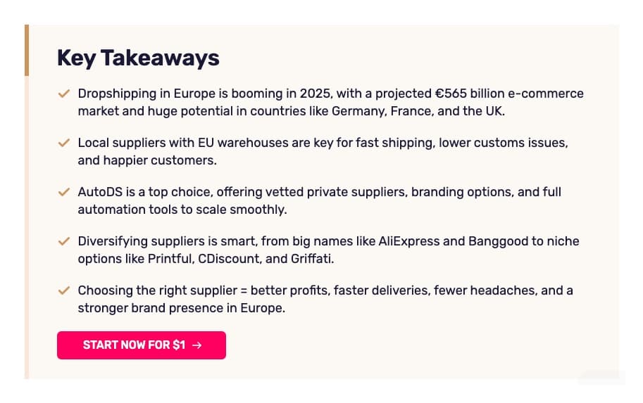 AutoDS key takeaways section with checkmarks, clear bullet points, and strategic CTA placement after value delivery